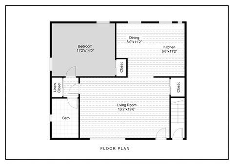 A floor plan of a house with a bedroom, living room, kitchen, dining room, and bath.